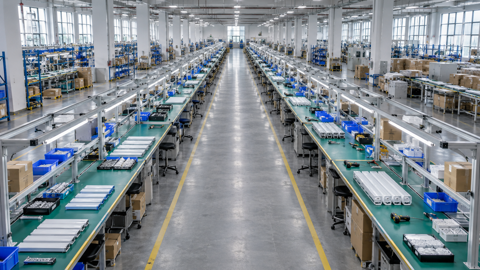 Long parallel lighting assembly lines with repeated workstations and task lighting — illustrative factory setting